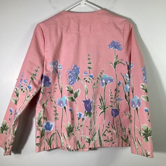 Womens Appleseeds Petites 3/4 Sleeve Button Cotton Jacket Pink Floral PM Flaw - Picture 2 of 8